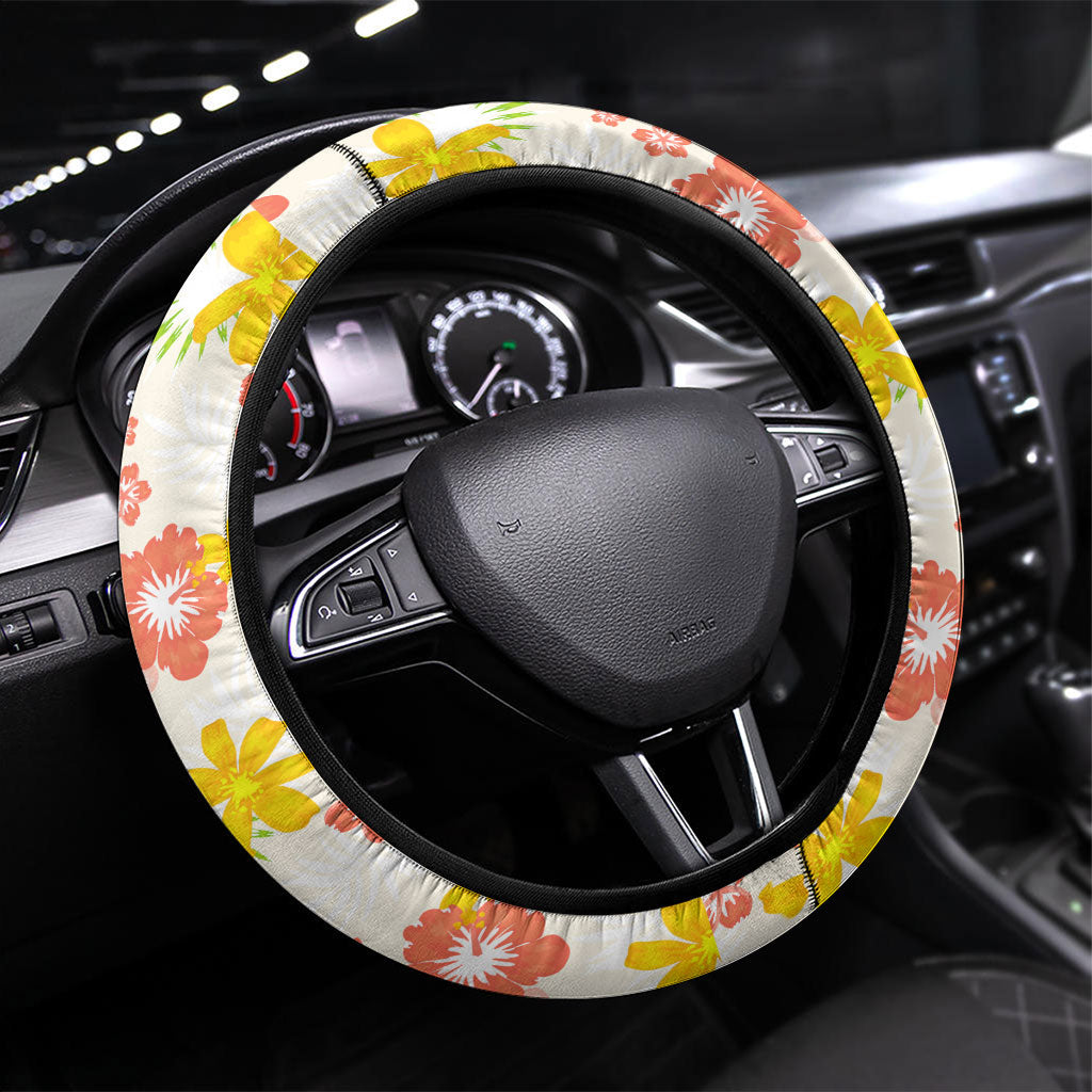 Hawaii School Club Back To Class Steering Wheel Cover Retro Tropical Hibiscus Pattern With Open Notebook TS04 Universal Fit White Orange - Polynesian Pride