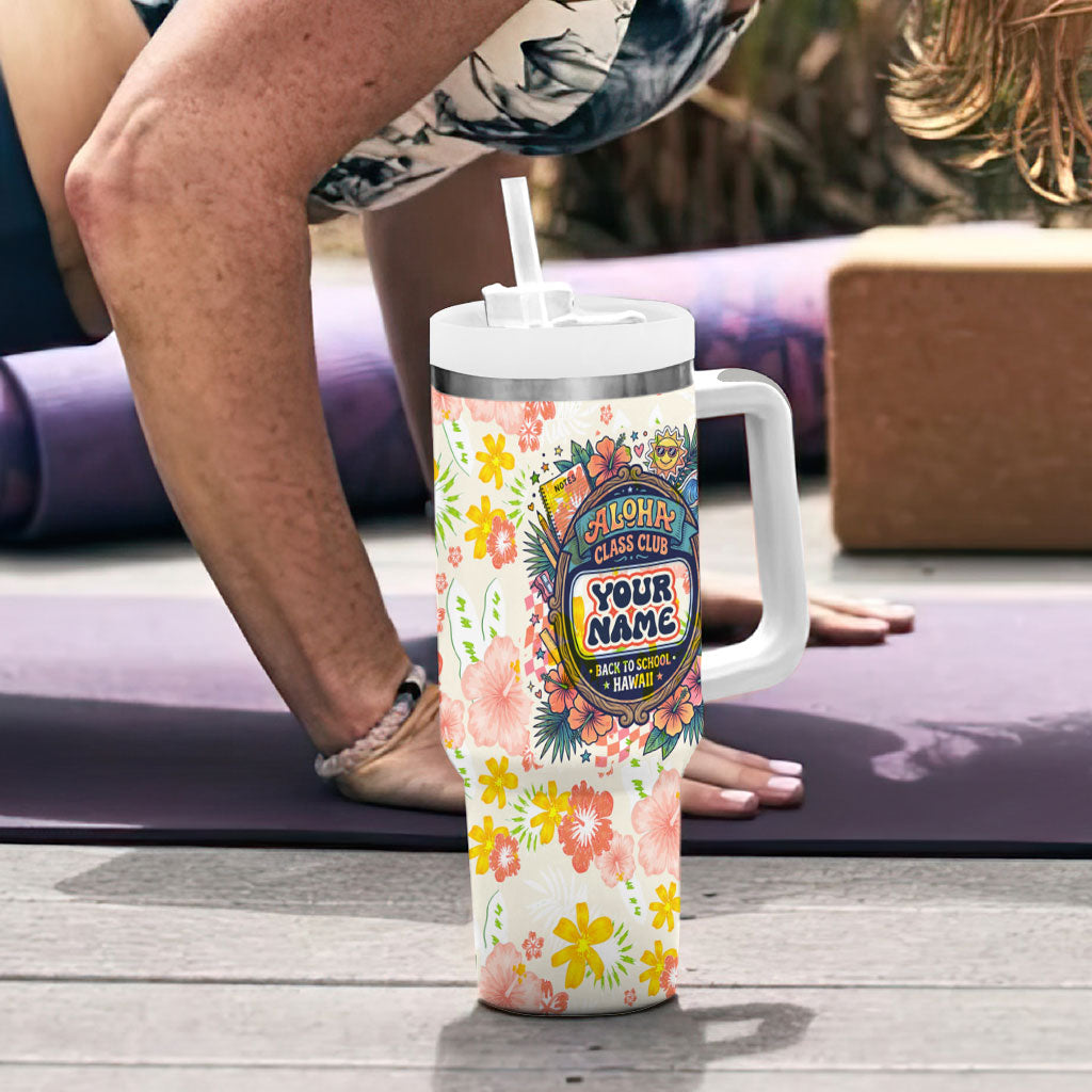 Personalized Hawaii School Club Back To Class Tumbler With Handle Retro Tropical Hibiscus Pattern With Open Notebook TS04 - Polynesian Pride