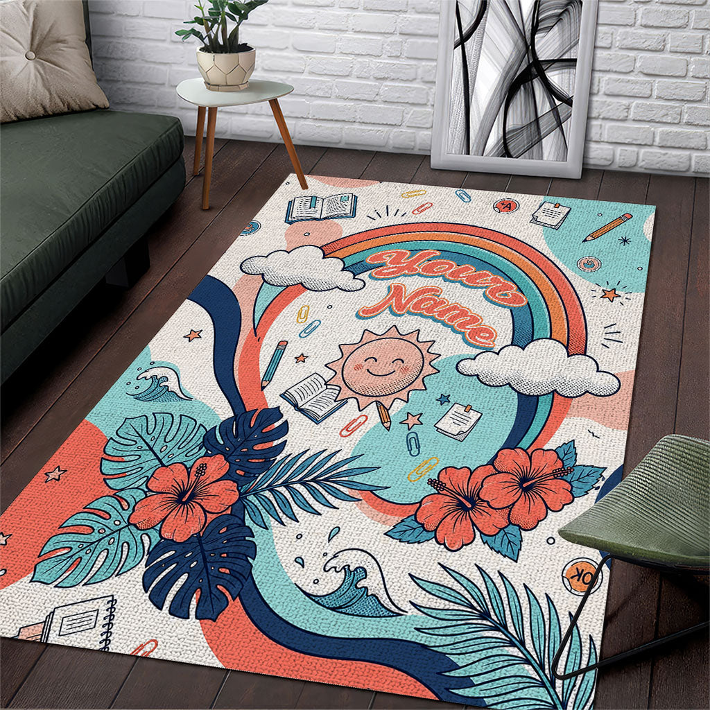 Personalized Hawaii Back To School Area Rug Retro Rainbow Sun with Tropical Hibiscus Flowers TS04 White Blue - Polynesian Pride