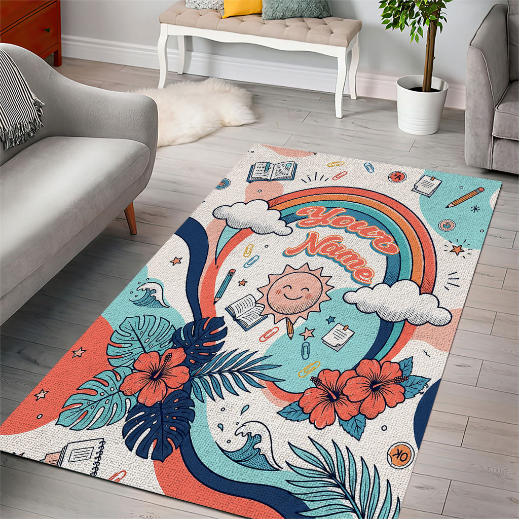 Personalized Hawaii Back To School Area Rug Retro Rainbow Sun with Tropical Hibiscus Flowers TS04 - Polynesian Pride