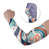 Personalized Hawaii Back To School Arm Sleeves Retro Rainbow Sun with Tropical Hibiscus Flowers TS04 Set of 2 White Blue - Polynesian Pride
