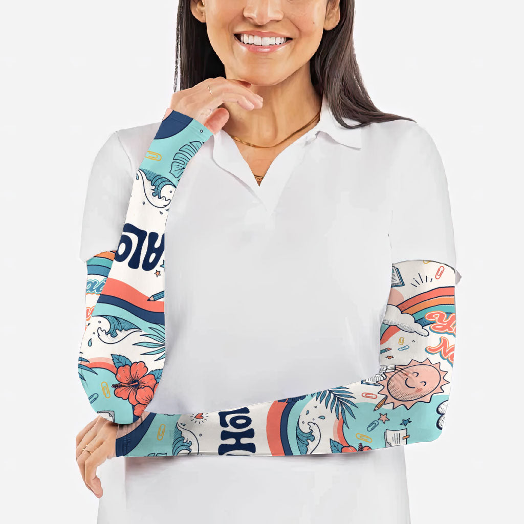 Personalized Hawaii Back To School Arm Sleeves Retro Rainbow Sun with Tropical Hibiscus Flowers TS04 - Polynesian Pride