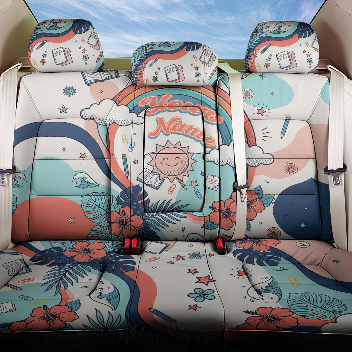 Personalized Hawaii Back To School Back Car Seat Cover Retro Rainbow Sun with Tropical Hibiscus Flowers TS04 One Size White Blue - Polynesian Pride