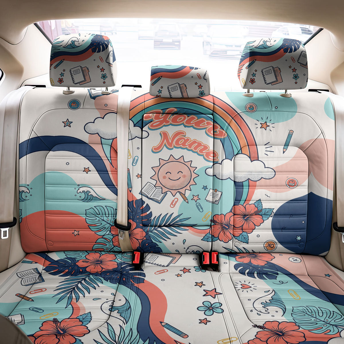 Personalized Hawaii Back To School Back Car Seat Cover Retro Rainbow Sun with Tropical Hibiscus Flowers TS04 - Polynesian Pride