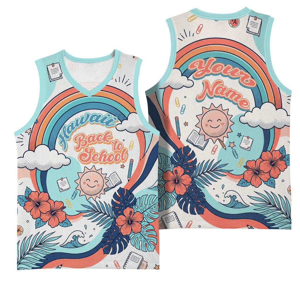 Personalized Hawaii Back To School Basketball Jersey Retro Rainbow Sun with Tropical Hibiscus Flowers TS04 - Polynesian Pride
