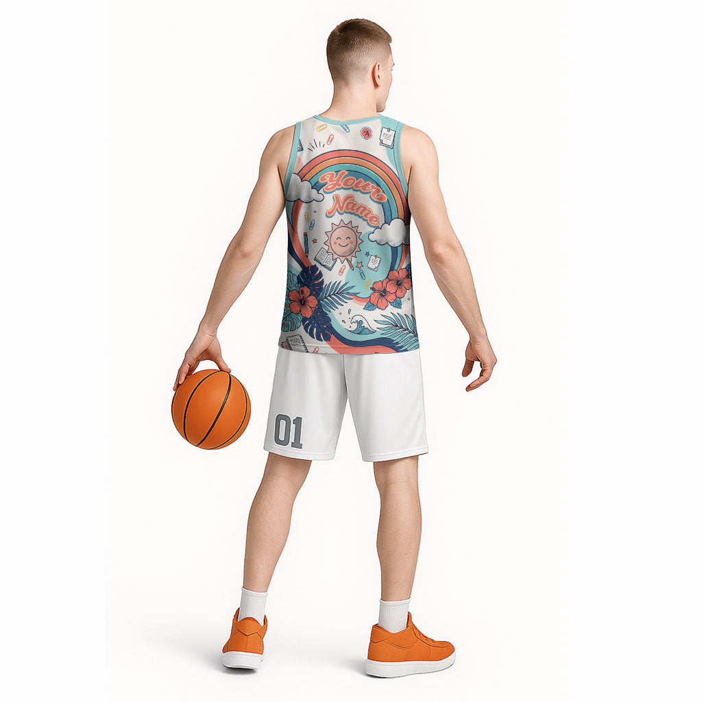 Personalized Hawaii Back To School Basketball Jersey Retro Rainbow Sun with Tropical Hibiscus Flowers TS04 - Polynesian Pride