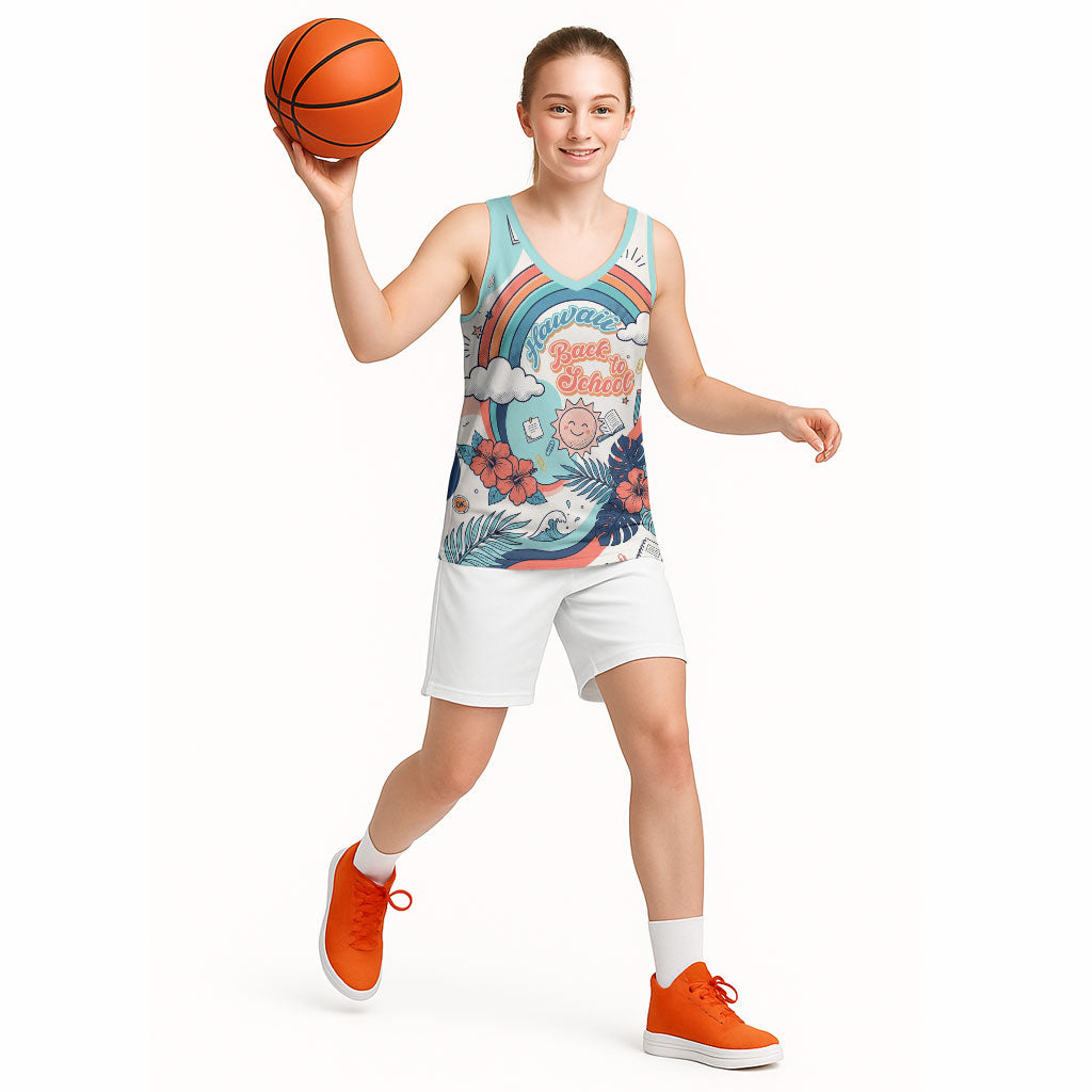 Personalized Hawaii Back To School Basketball Jersey Retro Rainbow Sun with Tropical Hibiscus Flowers TS04 - Polynesian Pride