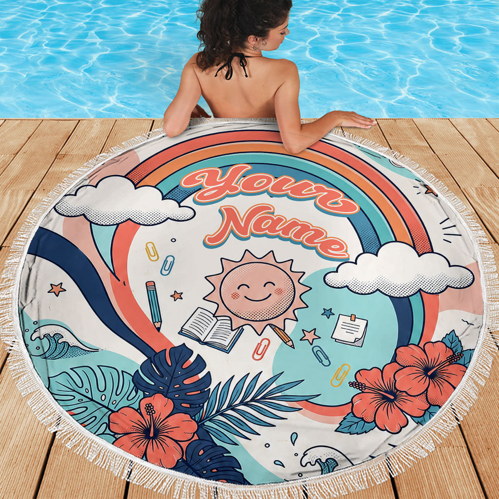 Personalized Hawaii Back To School Beach Blanket Retro Rainbow Sun with Tropical Hibiscus Flowers TS04 - Polynesian Pride
