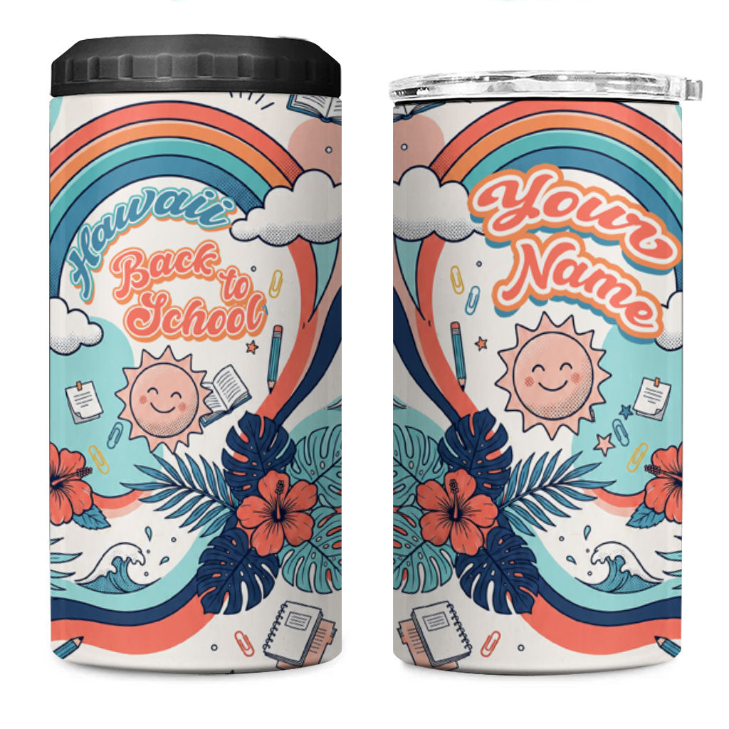 Personalized Hawaii Back To School 4 in 1 Can Cooler Tumbler Retro Rainbow Sun with Tropical Hibiscus Flowers TS04 One Size: 16 oz White Blue - Polynesian Pride