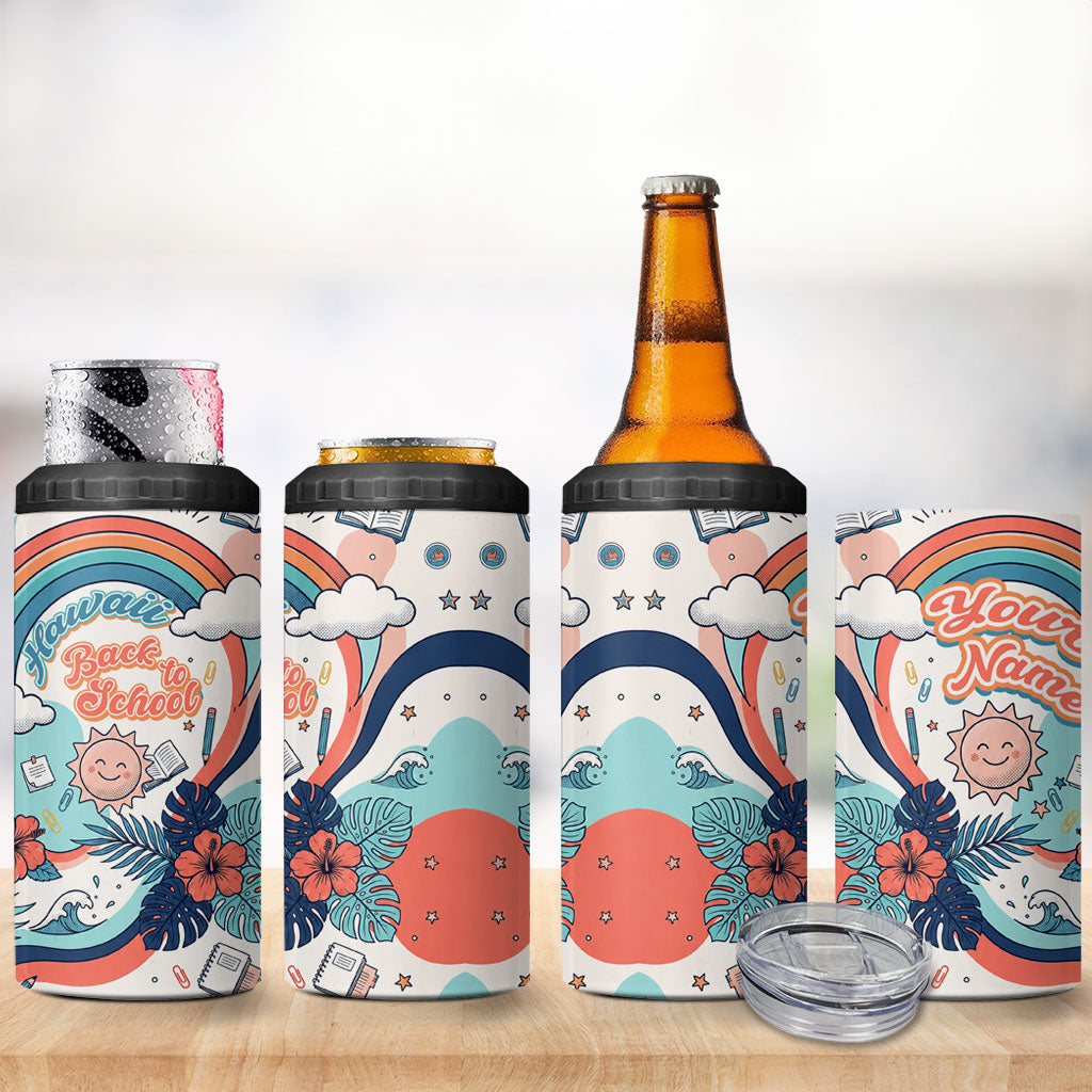 Personalized Hawaii Back To School 4 in 1 Can Cooler Tumbler Retro Rainbow Sun with Tropical Hibiscus Flowers TS04 - Polynesian Pride