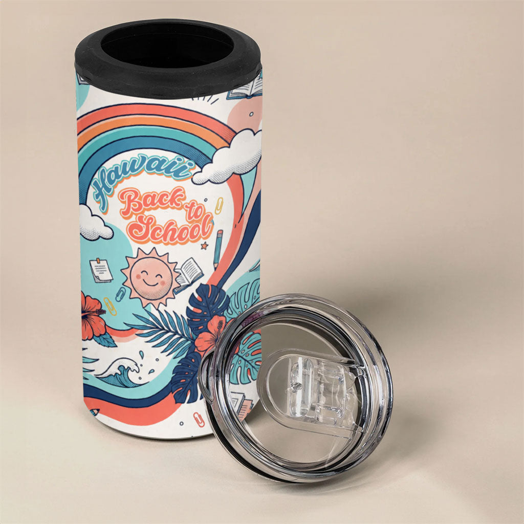 Personalized Hawaii Back To School 4 in 1 Can Cooler Tumbler Retro Rainbow Sun with Tropical Hibiscus Flowers TS04 - Polynesian Pride