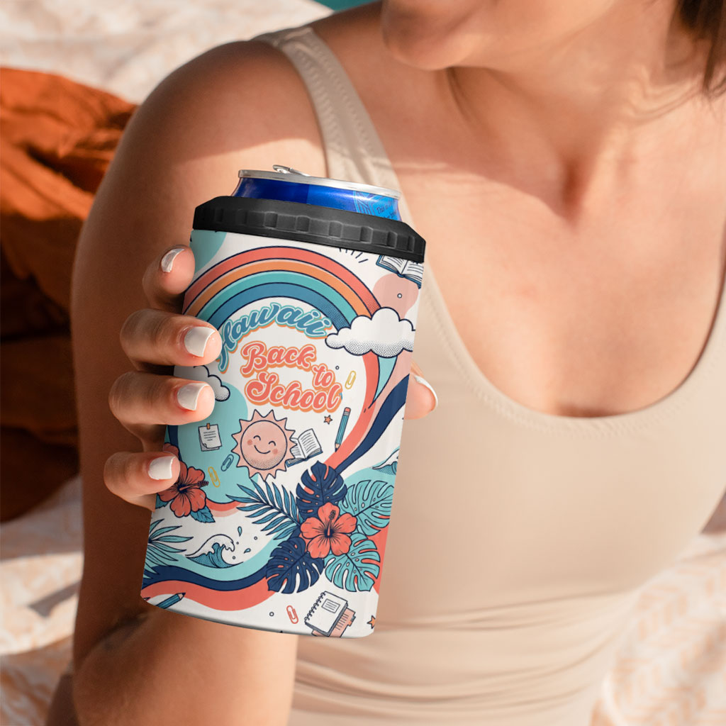 Personalized Hawaii Back To School 4 in 1 Can Cooler Tumbler Retro Rainbow Sun with Tropical Hibiscus Flowers TS04 - Polynesian Pride