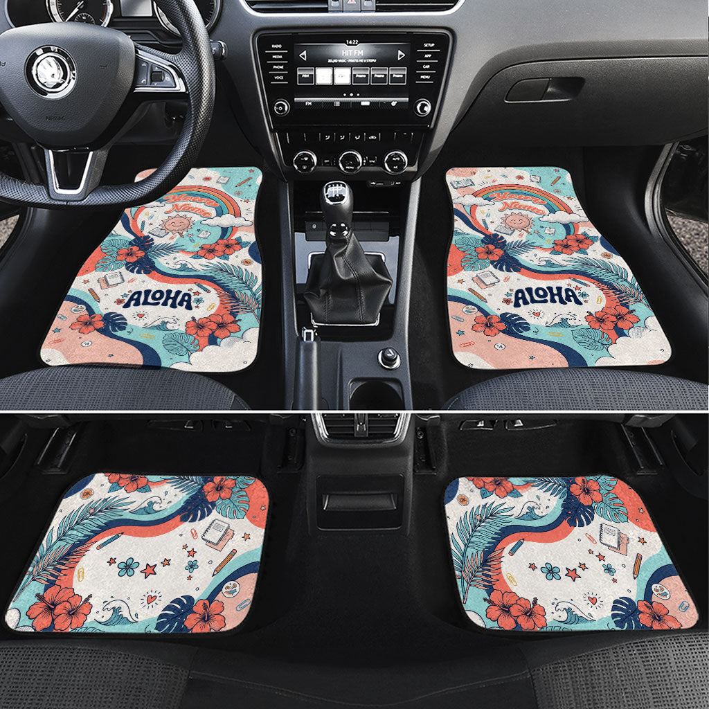 Personalized Hawaii Back To School Car Mats Retro Rainbow Sun with Tropical Hibiscus Flowers TS04 Set 4pcs White Blue - Polynesian Pride