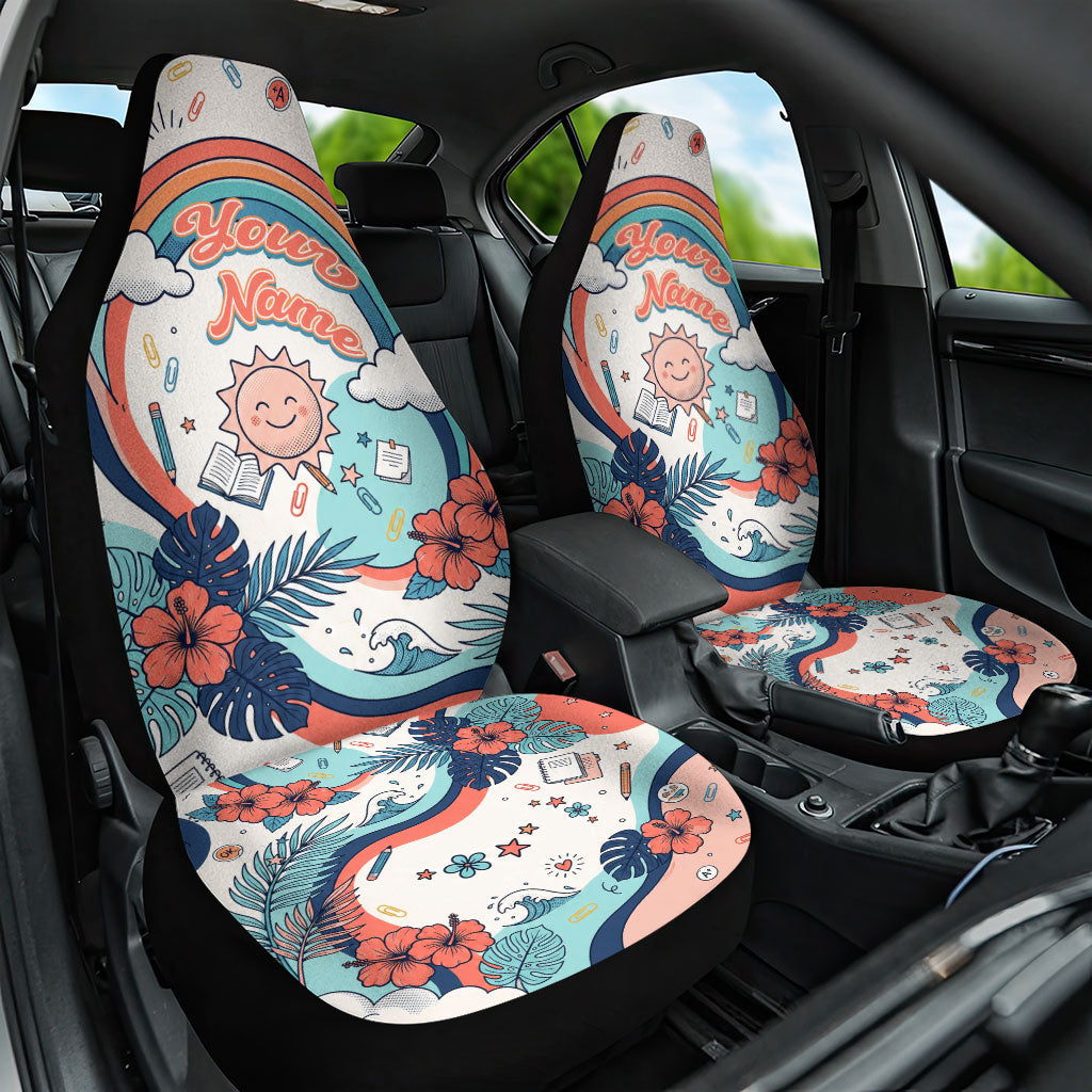 Personalized Hawaii Back To School Car Seat Cover Retro Rainbow Sun with Tropical Hibiscus Flowers TS04 One Size White Blue - Polynesian Pride