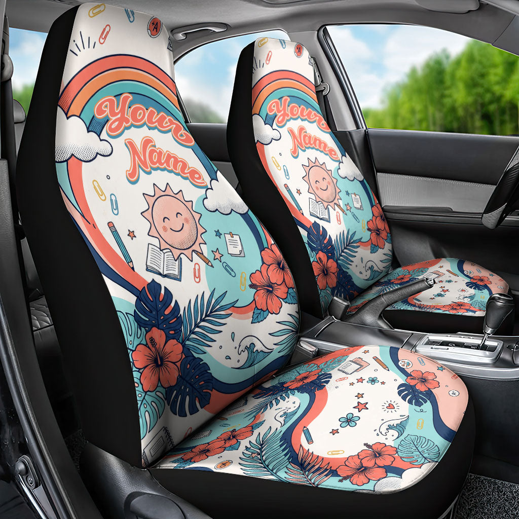 Personalized Hawaii Back To School Car Seat Cover Retro Rainbow Sun with Tropical Hibiscus Flowers TS04 - Polynesian Pride