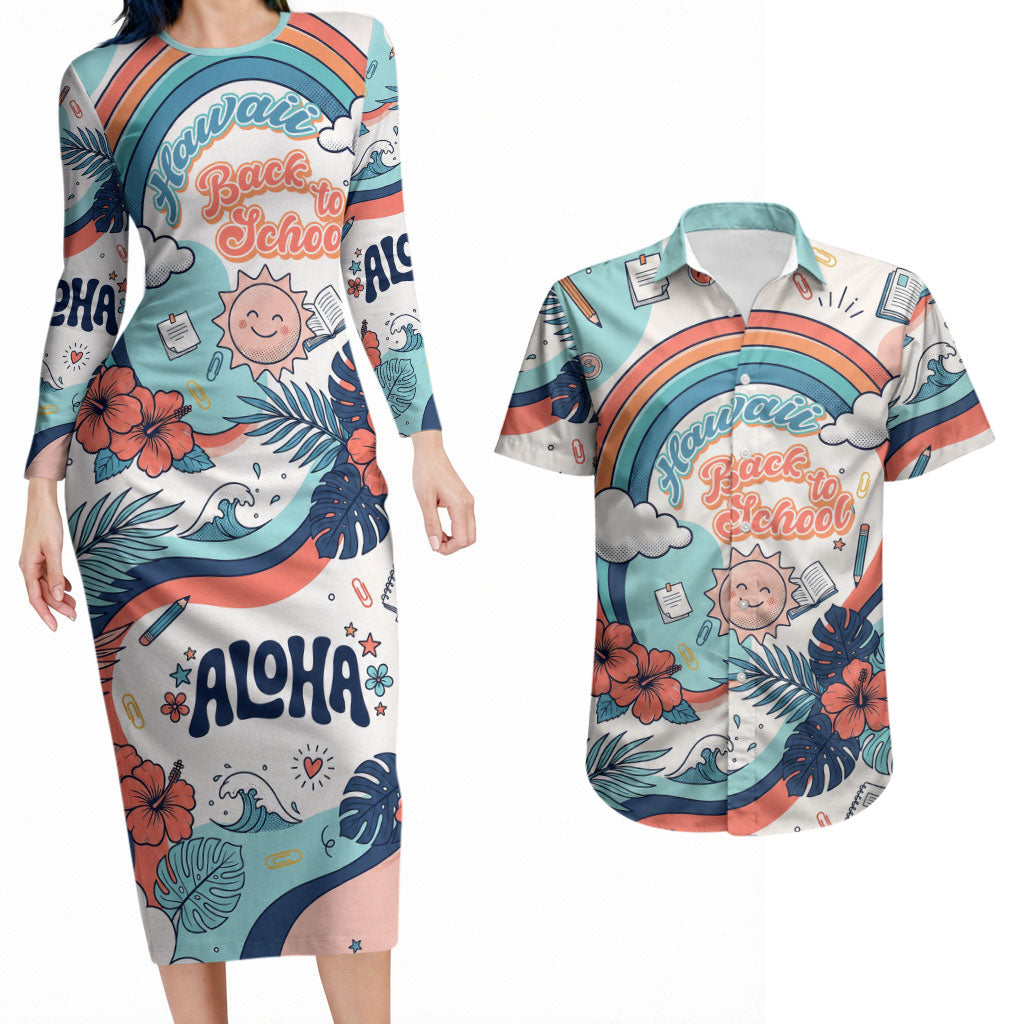 Personalized Hawaii Back To School Couples Matching Long Sleeve Bodycon Dress and Hawaiian Shirt Retro Rainbow Sun with Tropical Hibiscus Flowers TS04 White Blue - Polynesian Pride