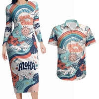 Personalized Hawaii Back To School Couples Matching Long Sleeve Bodycon Dress and Hawaiian Shirt Retro Rainbow Sun with Tropical Hibiscus Flowers TS04 White Blue - Polynesian Pride