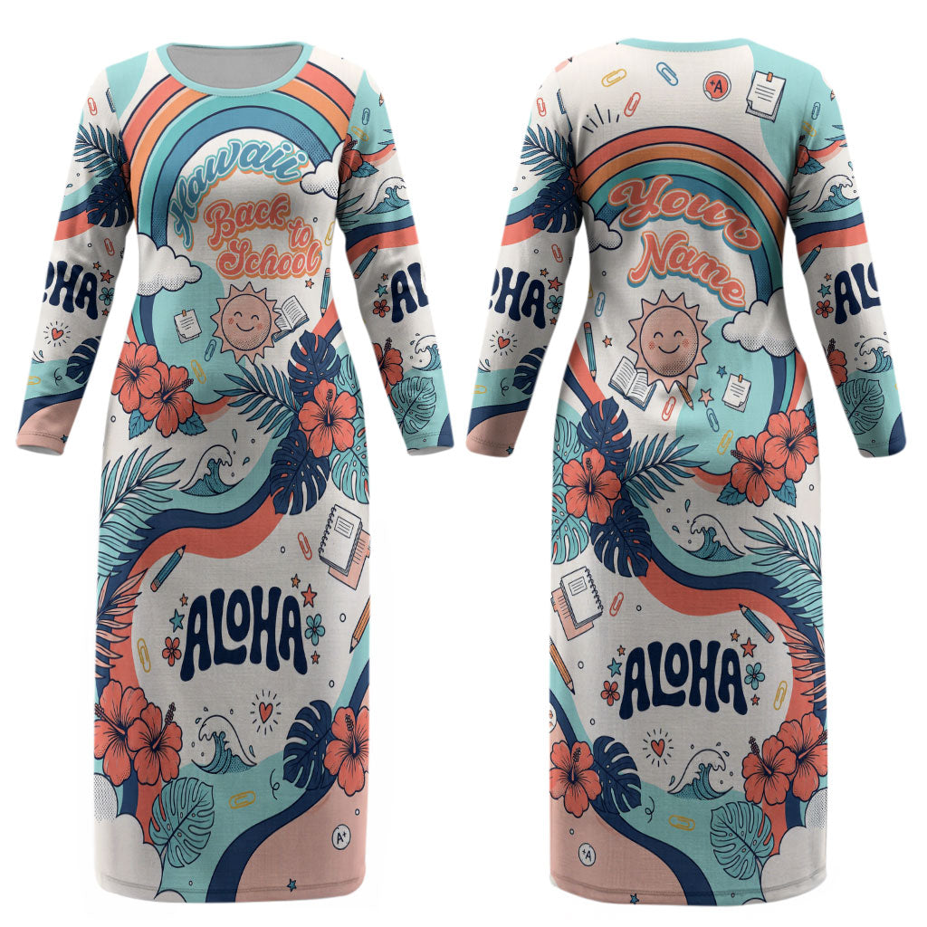 Personalized Hawaii Back To School Couples Matching Long Sleeve Bodycon Dress and Hawaiian Shirt Retro Rainbow Sun with Tropical Hibiscus Flowers TS04 - Polynesian Pride