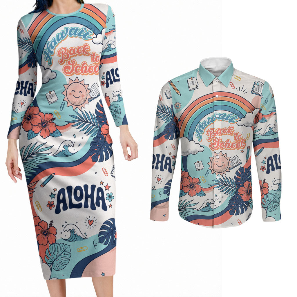 Personalized Hawaii Back To School Couples Matching Long Sleeve Bodycon Dress and Long Sleeve Button Shirt Retro Rainbow Sun with Tropical Hibiscus Flowers TS04 White Blue - Polynesian Pride