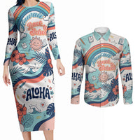 Personalized Hawaii Back To School Couples Matching Long Sleeve Bodycon Dress and Long Sleeve Button Shirt Retro Rainbow Sun with Tropical Hibiscus Flowers TS04 White Blue - Polynesian Pride