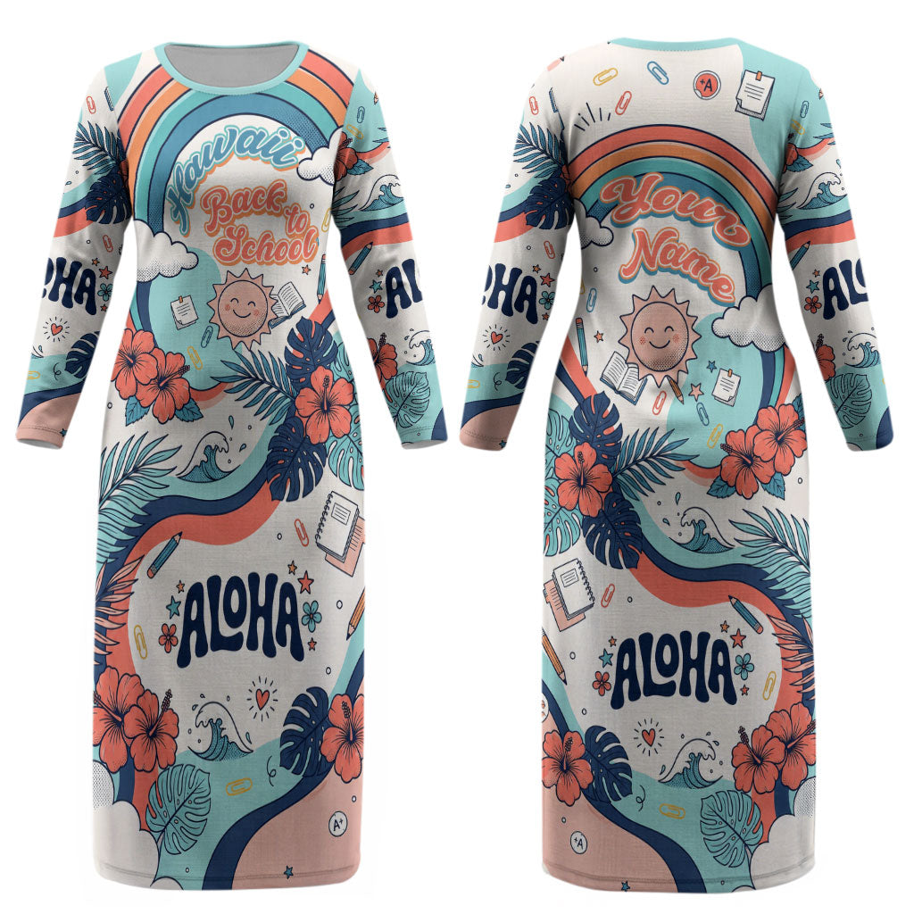 Personalized Hawaii Back To School Couples Matching Long Sleeve Bodycon Dress and Long Sleeve Button Shirt Retro Rainbow Sun with Tropical Hibiscus Flowers TS04 - Polynesian Pride