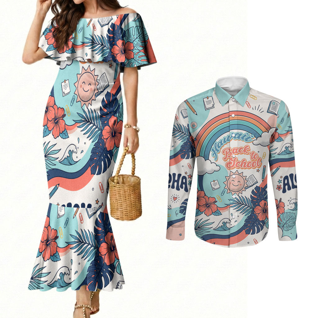 Personalized Hawaii Back To School Couples Matching Mermaid Dress and Long Sleeve Button Shirt Retro Rainbow Sun with Tropical Hibiscus Flowers TS04 White Blue - Polynesian Pride