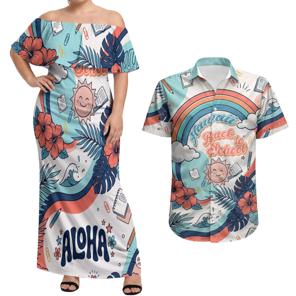 Personalized Hawaii Back To School Couples Matching Off Shoulder Maxi Dress and Hawaiian Shirt Retro Rainbow Sun with Tropical Hibiscus Flowers TS04 White Blue - Polynesian Pride