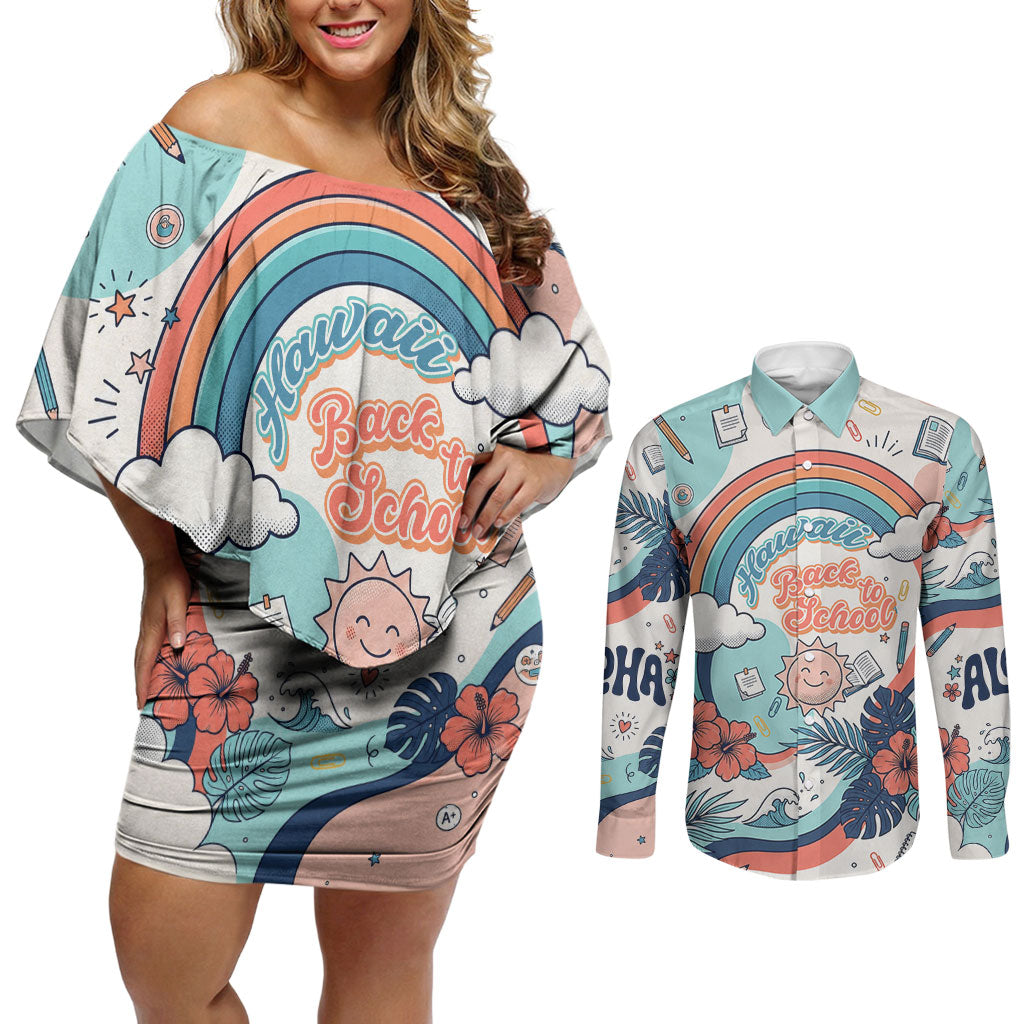 Personalized Hawaii Back To School Couples Matching Off Shoulder Short Dress and Long Sleeve Button Shirt Retro Rainbow Sun with Tropical Hibiscus Flowers TS04 White Blue - Polynesian Pride