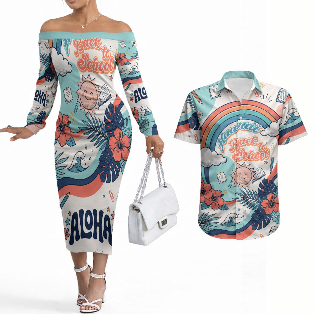 Personalized Hawaii Back To School Couples Matching Off The Shoulder Long Sleeve Dress and Hawaiian Shirt Retro Rainbow Sun with Tropical Hibiscus Flowers TS04 White Blue - Polynesian Pride