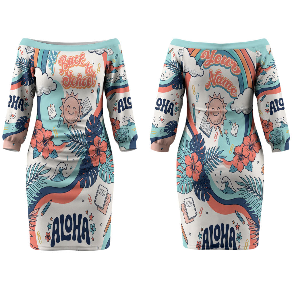 Personalized Hawaii Back To School Couples Matching Off The Shoulder Long Sleeve Dress and Hawaiian Shirt Retro Rainbow Sun with Tropical Hibiscus Flowers TS04 - Polynesian Pride