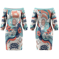 Personalized Hawaii Back To School Couples Matching Off The Shoulder Long Sleeve Dress and Hawaiian Shirt Retro Rainbow Sun with Tropical Hibiscus Flowers TS04 - Polynesian Pride