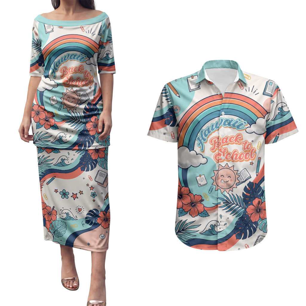 Personalized Hawaii Back To School Couples Matching Puletasi and Hawaiian Shirt Retro Rainbow Sun with Tropical Hibiscus Flowers TS04 White Blue - Polynesian Pride