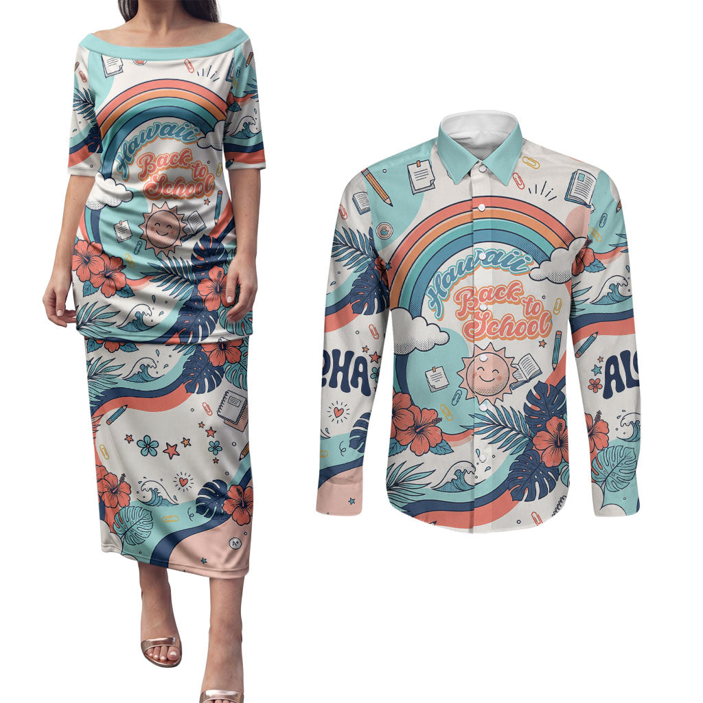 Personalized Hawaii Back To School Couples Matching Puletasi and Long Sleeve Button Shirt Retro Rainbow Sun with Tropical Hibiscus Flowers TS04 White Blue - Polynesian Pride