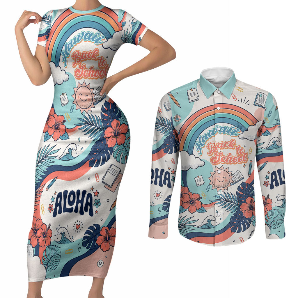 Personalized Hawaii Back To School Couples Matching Short Sleeve Bodycon Dress and Long Sleeve Button Shirt Retro Rainbow Sun with Tropical Hibiscus Flowers TS04 White Blue - Polynesian Pride