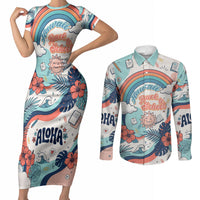 Personalized Hawaii Back To School Couples Matching Short Sleeve Bodycon Dress and Long Sleeve Button Shirt Retro Rainbow Sun with Tropical Hibiscus Flowers TS04 White Blue - Polynesian Pride