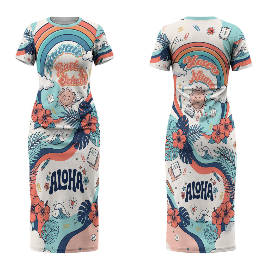 Personalized Hawaii Back To School Couples Matching Short Sleeve Bodycon Dress and Long Sleeve Button Shirt Retro Rainbow Sun with Tropical Hibiscus Flowers TS04 - Polynesian Pride
