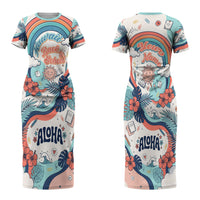 Personalized Hawaii Back To School Couples Matching Short Sleeve Bodycon Dress and Long Sleeve Button Shirt Retro Rainbow Sun with Tropical Hibiscus Flowers TS04 - Polynesian Pride