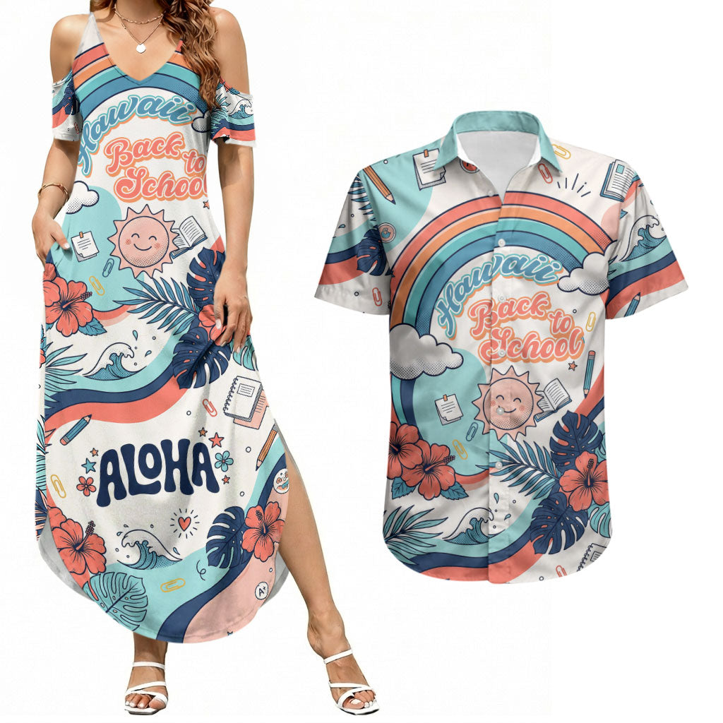 Personalized Hawaii Back To School Couples Matching Summer Maxi Dress and Hawaiian Shirt Retro Rainbow Sun with Tropical Hibiscus Flowers TS04 White Blue - Polynesian Pride