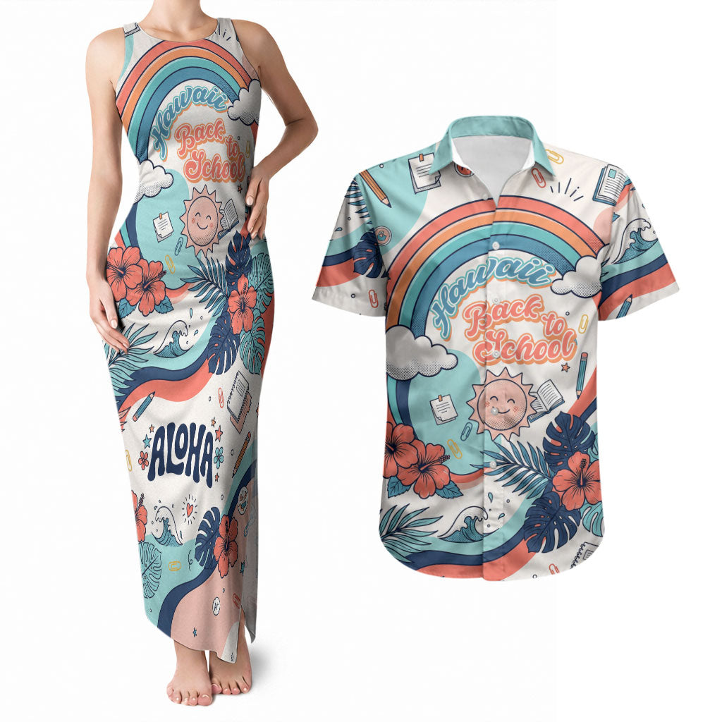 Personalized Hawaii Back To School Couples Matching Tank Maxi Dress and Hawaiian Shirt Retro Rainbow Sun with Tropical Hibiscus Flowers TS04 White Blue - Polynesian Pride