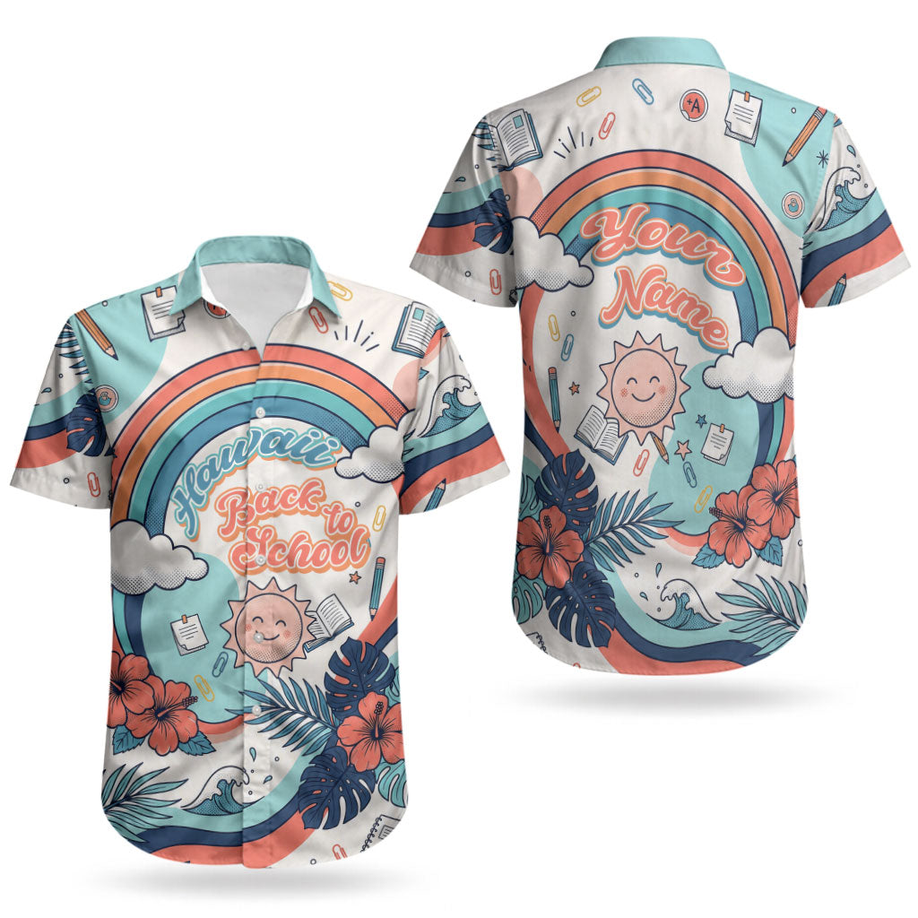Personalized Hawaii Back To School Couples Matching Tank Maxi Dress and Hawaiian Shirt Retro Rainbow Sun with Tropical Hibiscus Flowers TS04 - Polynesian Pride