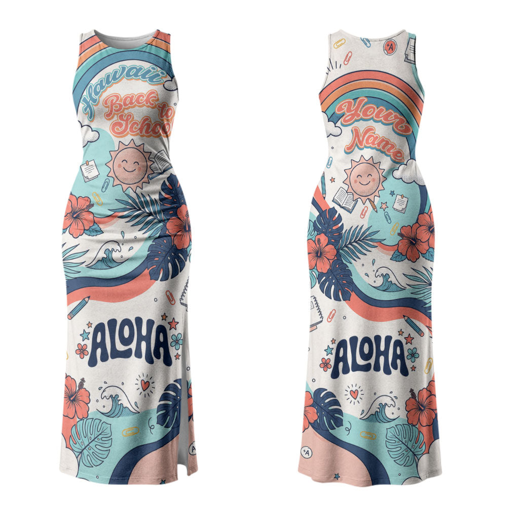 Personalized Hawaii Back To School Couples Matching Tank Maxi Dress and Hawaiian Shirt Retro Rainbow Sun with Tropical Hibiscus Flowers TS04 - Polynesian Pride