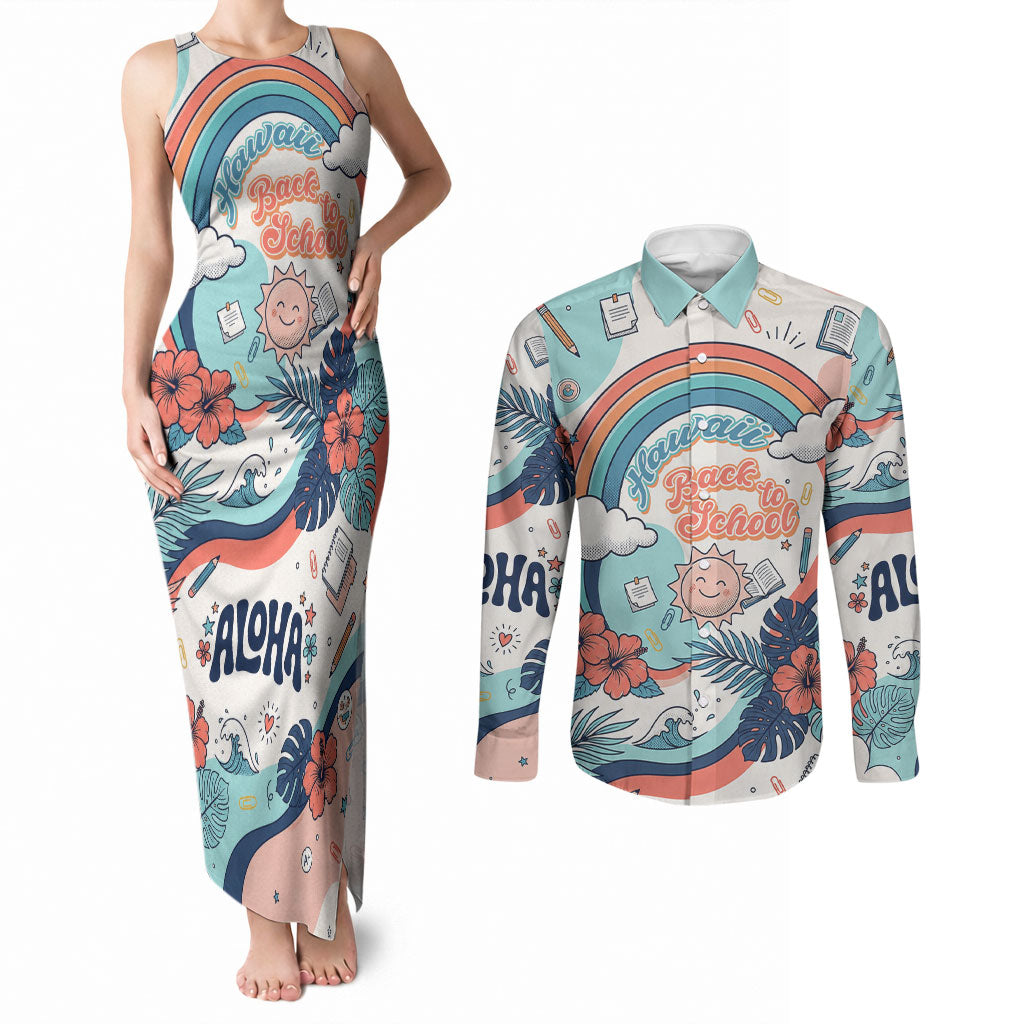 Personalized Hawaii Back To School Couples Matching Tank Maxi Dress and Long Sleeve Button Shirt Retro Rainbow Sun with Tropical Hibiscus Flowers TS04 White Blue - Polynesian Pride