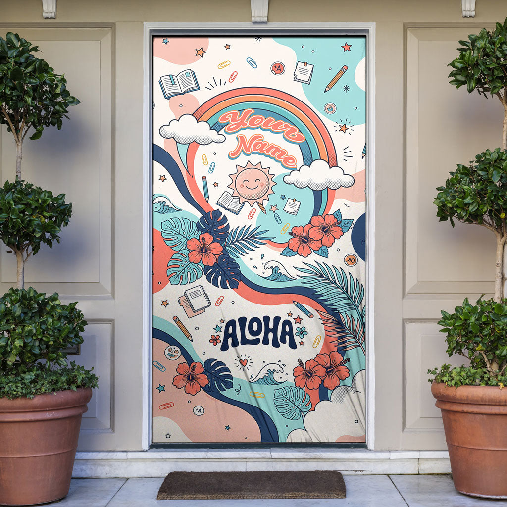 Personalized Hawaii Back To School Door Cover Retro Rainbow Sun with Tropical Hibiscus Flowers TS04 White Blue - Polynesian Pride