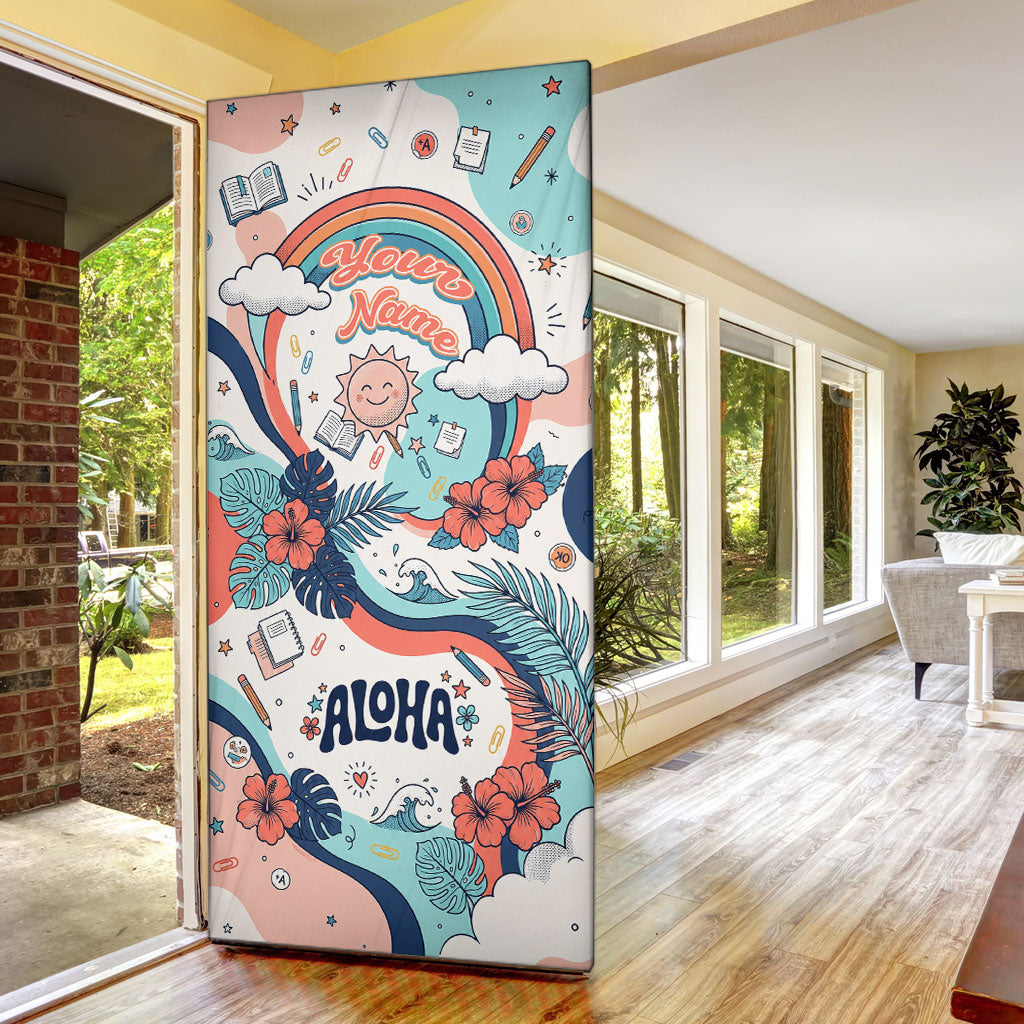 Personalized Hawaii Back To School Door Cover Retro Rainbow Sun with Tropical Hibiscus Flowers TS04 - Polynesian Pride