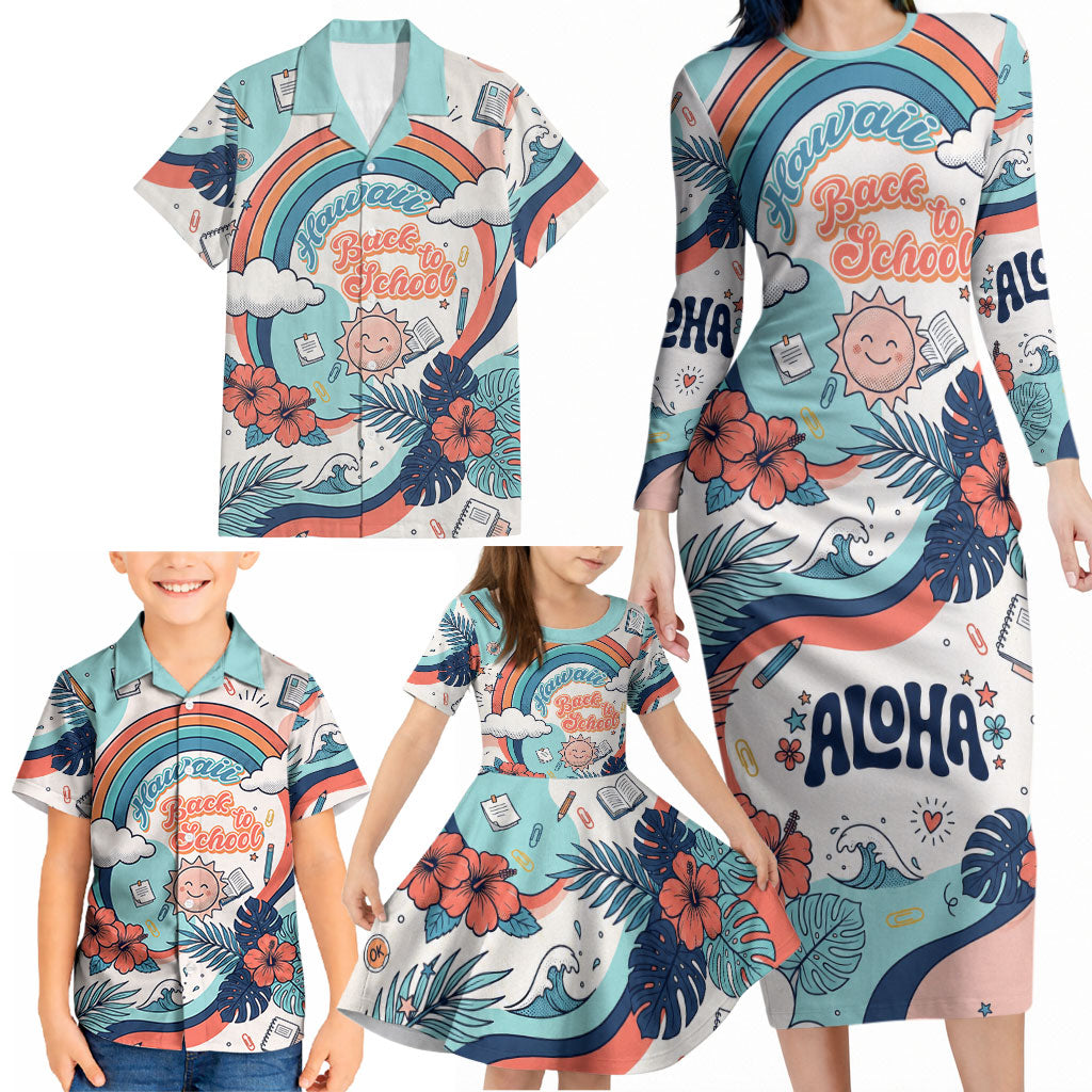 Personalized Hawaii Back To School Family Matching Long Sleeve Bodycon Dress and Hawaiian Shirt Retro Rainbow Sun with Tropical Hibiscus Flowers TS04 - Polynesian Pride