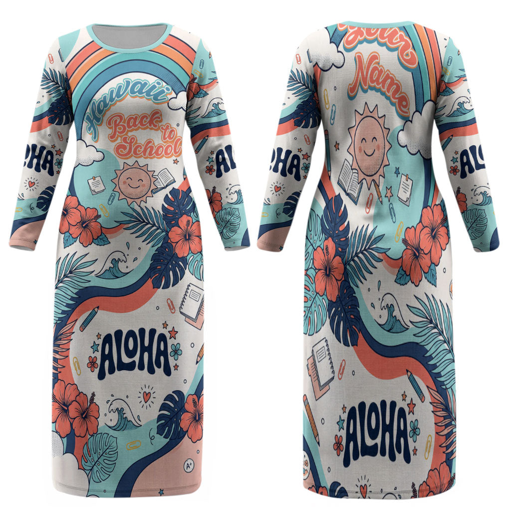 Personalized Hawaii Back To School Family Matching Long Sleeve Bodycon Dress and Hawaiian Shirt Retro Rainbow Sun with Tropical Hibiscus Flowers TS04 Mom's Dress White Blue - Polynesian Pride
