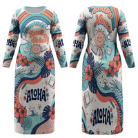 Personalized Hawaii Back To School Family Matching Long Sleeve Bodycon Dress and Hawaiian Shirt Retro Rainbow Sun with Tropical Hibiscus Flowers TS04 Mom's Dress White Blue - Polynesian Pride