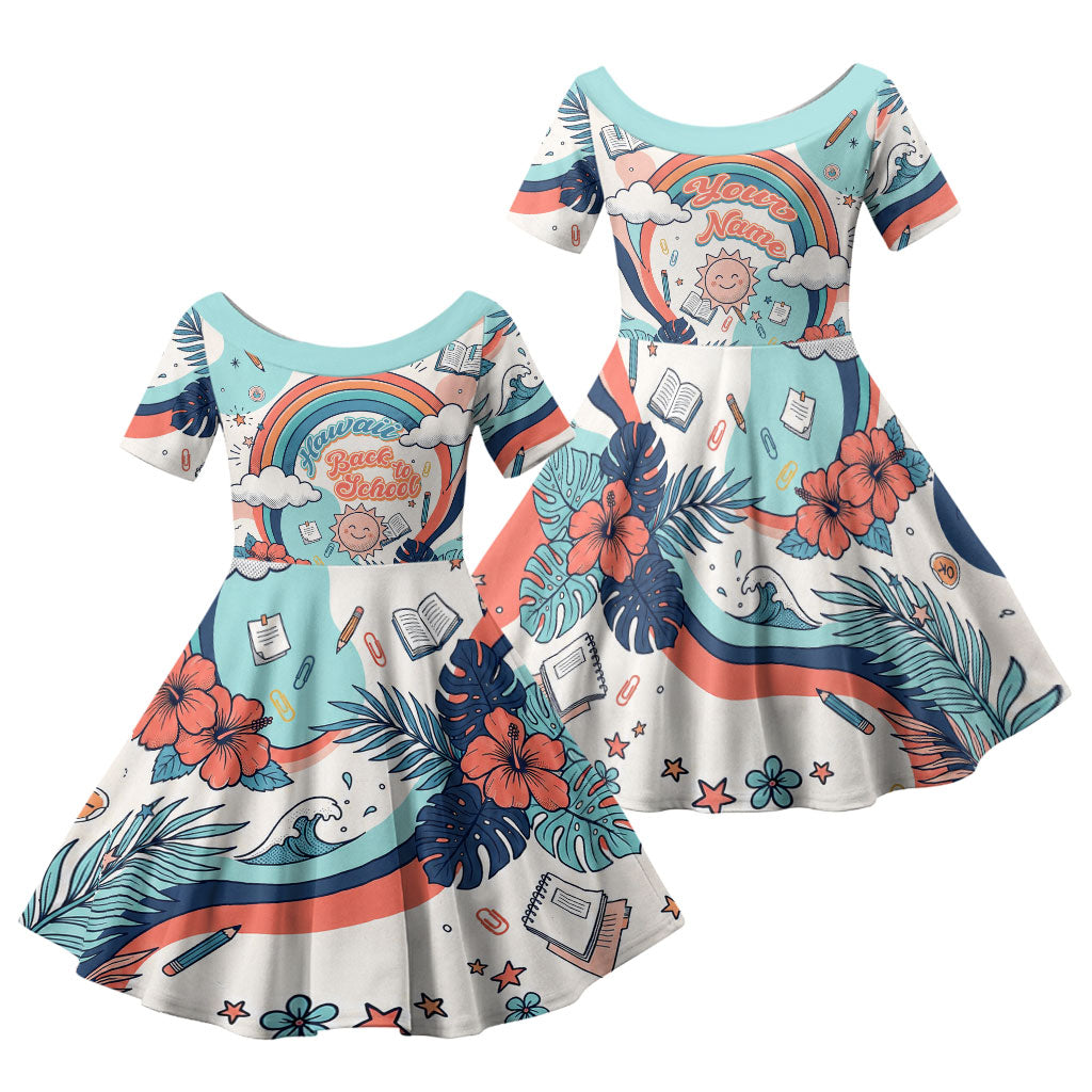 Personalized Hawaii Back To School Family Matching Mermaid Dress and Hawaiian Shirt Retro Rainbow Sun with Tropical Hibiscus Flowers TS04 Daughter's Dress White Blue - Polynesian Pride