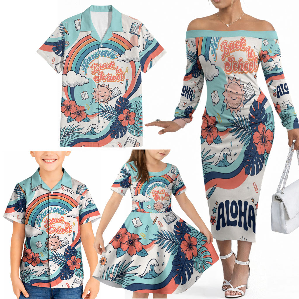 Personalized Hawaii Back To School Family Matching Off The Shoulder Long Sleeve Dress and Hawaiian Shirt Retro Rainbow Sun with Tropical Hibiscus Flowers TS04 - Polynesian Pride
