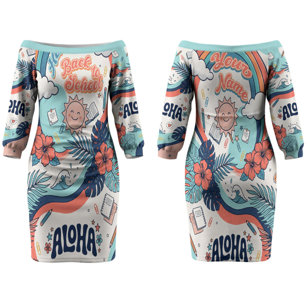 Personalized Hawaii Back To School Family Matching Off The Shoulder Long Sleeve Dress and Hawaiian Shirt Retro Rainbow Sun with Tropical Hibiscus Flowers TS04 Mom's Dress White Blue - Polynesian Pride